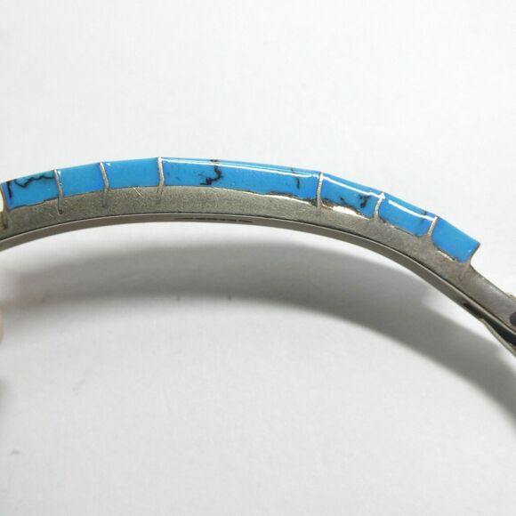 Sterling Silver & Turquoise Inlaid Hinged Bangle Bracelet Vintage - Picture 10 of 15